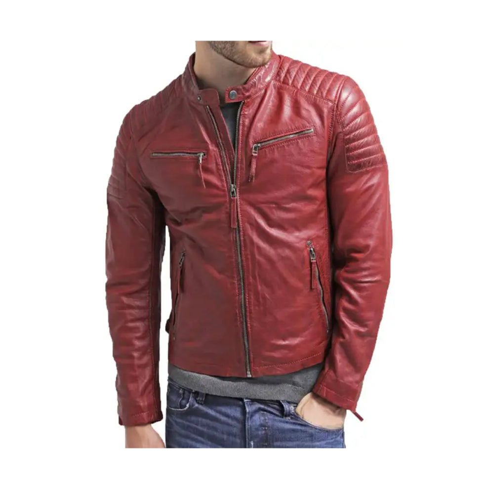 Red Biker Quilted Cafe Racer Genuine Leather Jacket