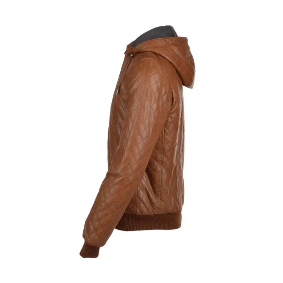 Tan Brown Bomber Style Quilted Leather Jacket