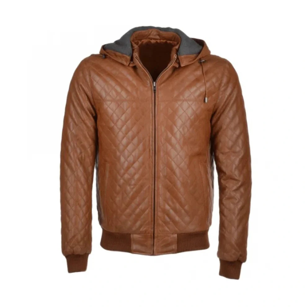 Tan Brown Bomber Style Quilted Leather Jacket