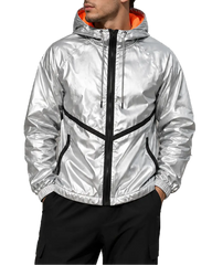 metallic silver hooded windbreaker jacket