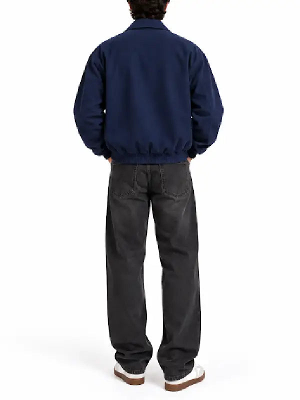 Men’s taupe faux suede bomber jacket back view with elasticated ribbed hem