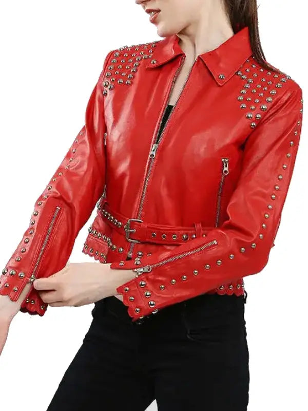 Women’s Red Studded Leather Jacket with Silver Rivet Detailing