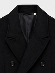 Close-up of black wool overcoat lapel, collar, and button detail