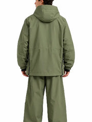 Back view of a men's olive green hooded shell jacket with raglan sleeves, side zippers and elastic cuffs, styled with matching pants