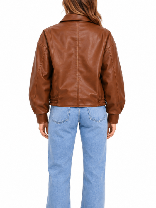 Back view of women’s brown oversized leather jacket with cuffs and elastic hem
