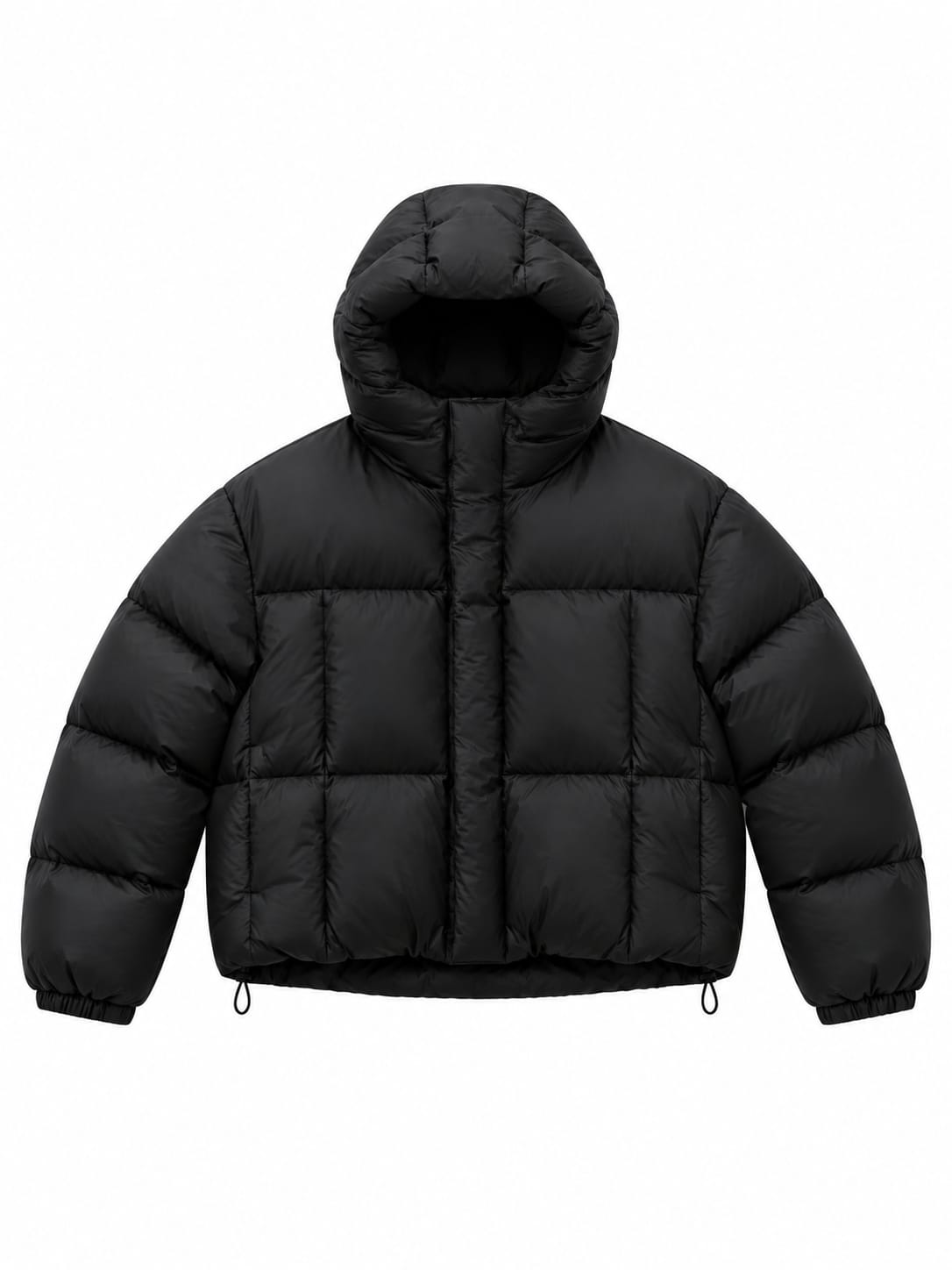 Front view of cropped black hooded puffer jacket with zipped closure and drawstring hem