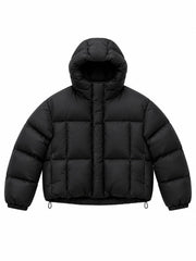 Front view of cropped black hooded puffer jacket with zipped closure and drawstring hem