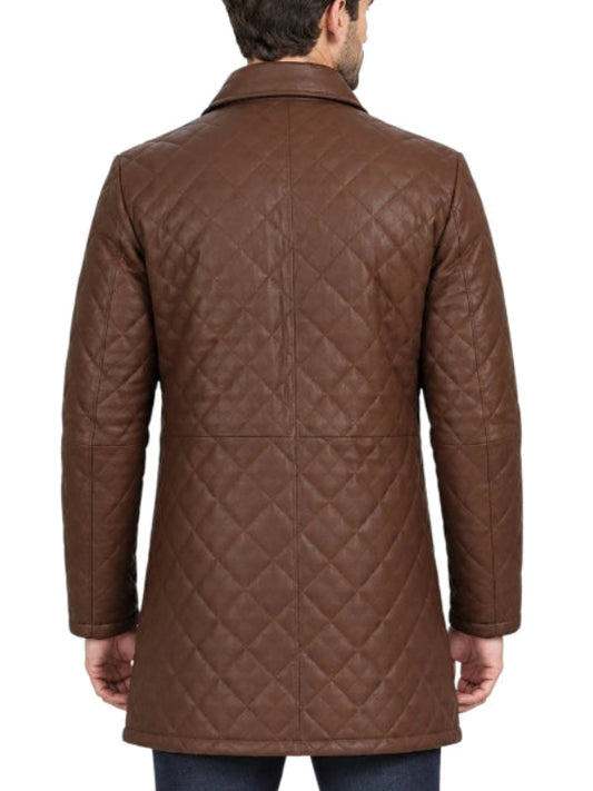 Men's brown quilted leather jacket back view 