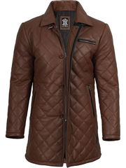Men's brown quilted leather jacket front view open