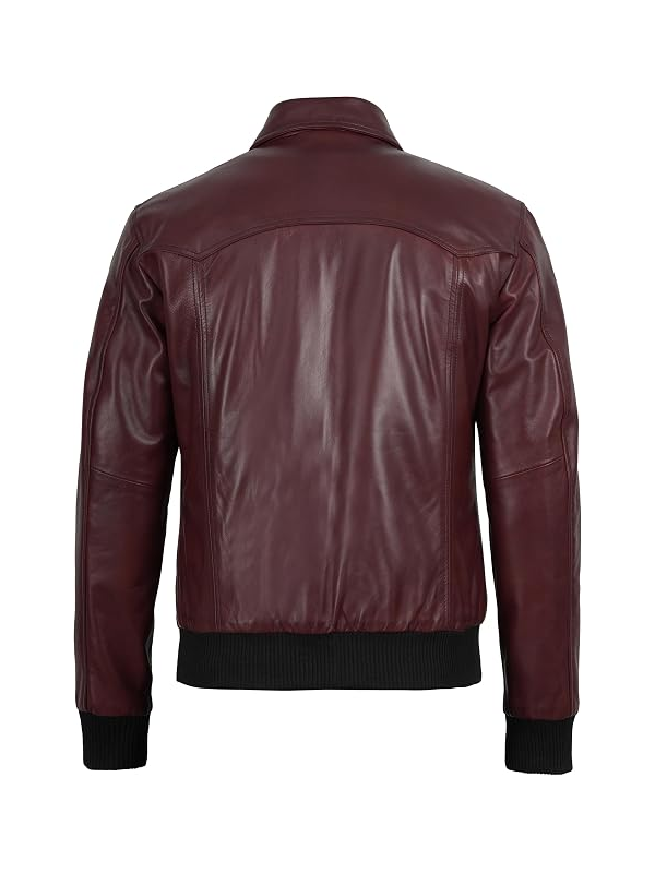Men's maroon leather jacket back view full length