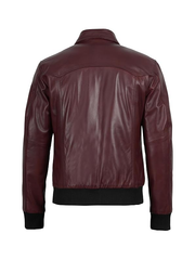 Men's maroon leather jacket back view full length