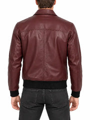 Men's maroon leather jacket back view full length