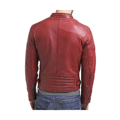 Red Biker Quilted Cafe Racer Genuine Leather Jacket