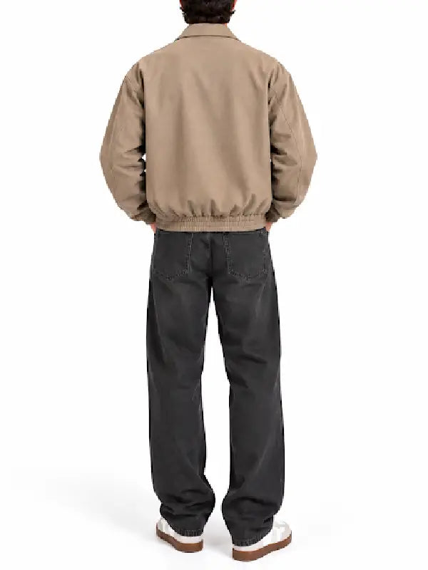 Men’s taupe faux suede bomber jacket back view with elasticated ribbed hem