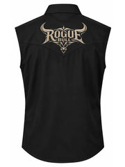 Men’s black Western sleeveless vest with embroidered Rogue Bull logo on chest and large center-back bull embroidery