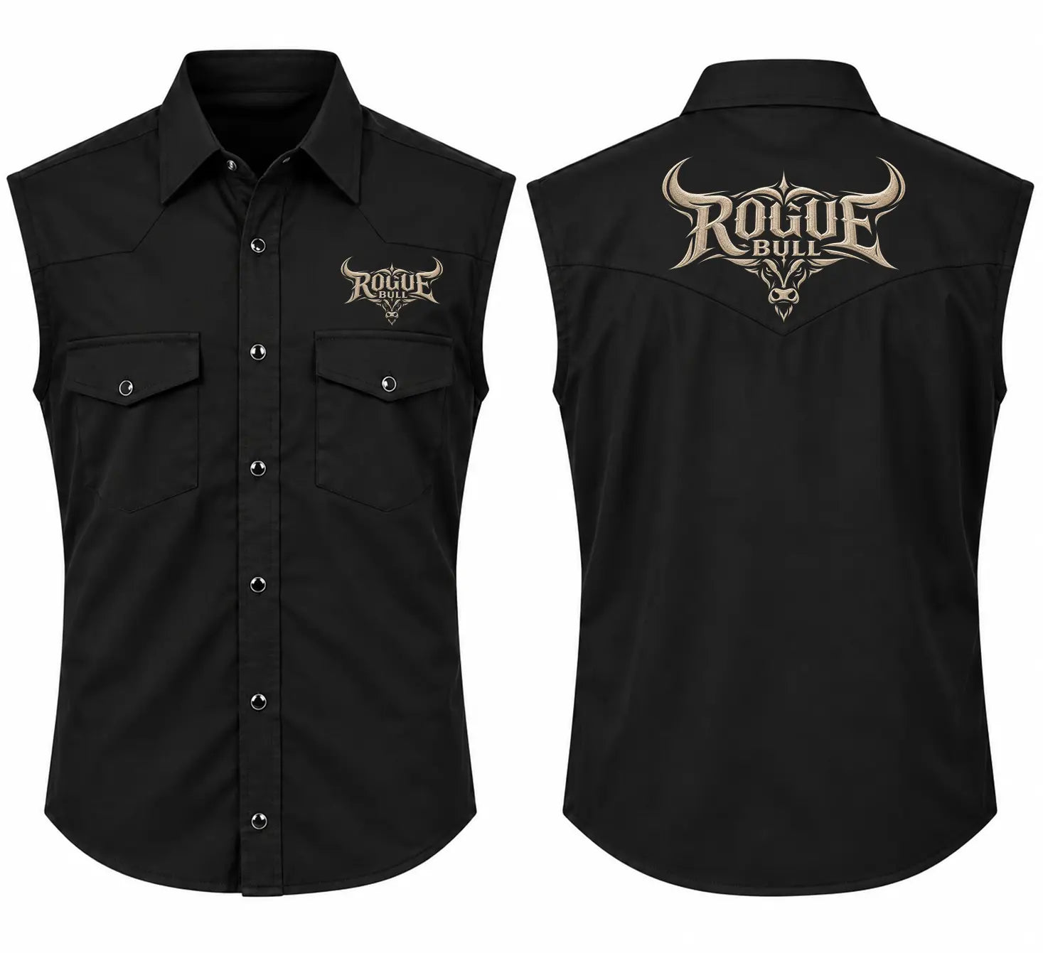 Men’s black Western sleeveless vest with embroidered Rogue Bull logo on chest and large center-back bull embroidery