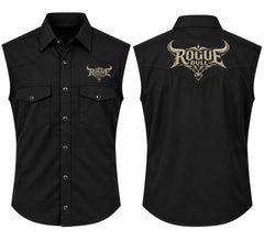 Men’s black Western sleeveless vest with embroidered Rogue Bull logo on chest and large center-back bull embroidery