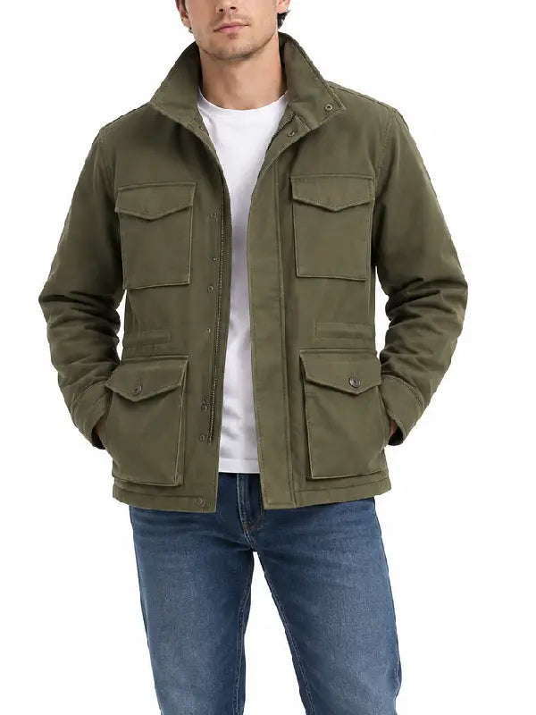 Men's olive green four-pocket field jacket with stand collar and concealed zip placket, front view