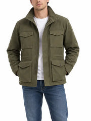 Men's olive green four-pocket field jacket with stand collar and concealed zip placket, front view