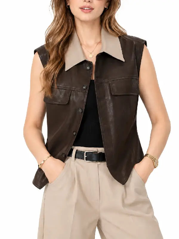 Front view of woman wearing a brown sheepskin leather button-front vest with beige collar and chest flap pockets over a black top