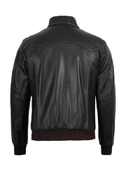 Back view of men's black leather jacket with ribbed hem and cuffs