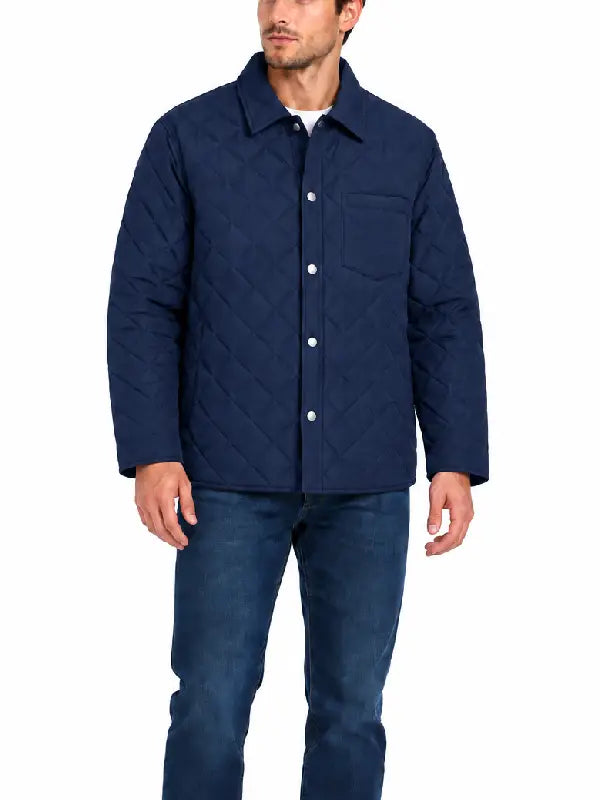 Man wearing navy diamond quilted shirt jacket, front view with collar and chest pocket