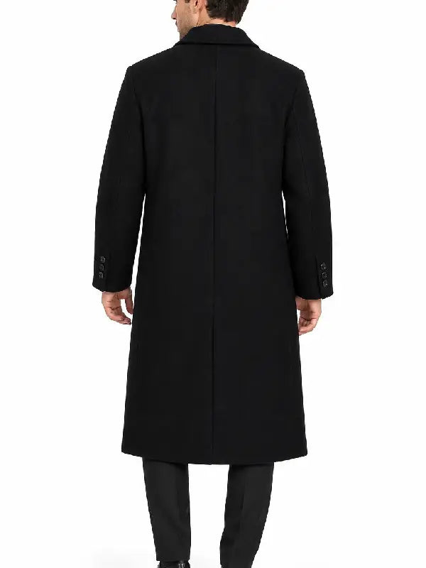 Men's black wool overcoat, back view showing relaxed silhouette