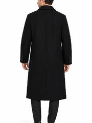 Men's black wool overcoat, back view showing relaxed silhouette