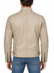 Men's Stone Beige Leather Biker Jacket – Back View