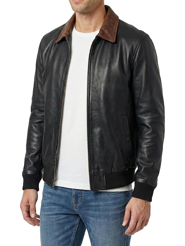 Side angle view of men's black leather bomber jacket with brown collar detail