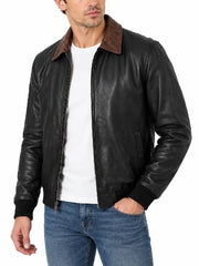 Side angle view of men's black leather bomber jacket with brown collar detail
