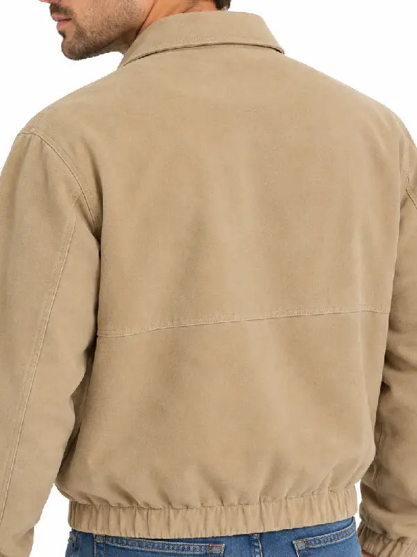 Close-up back view of khaki suede jacket collar and shoulders