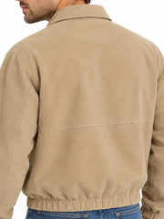 Close-up back view of khaki suede jacket collar and shoulders