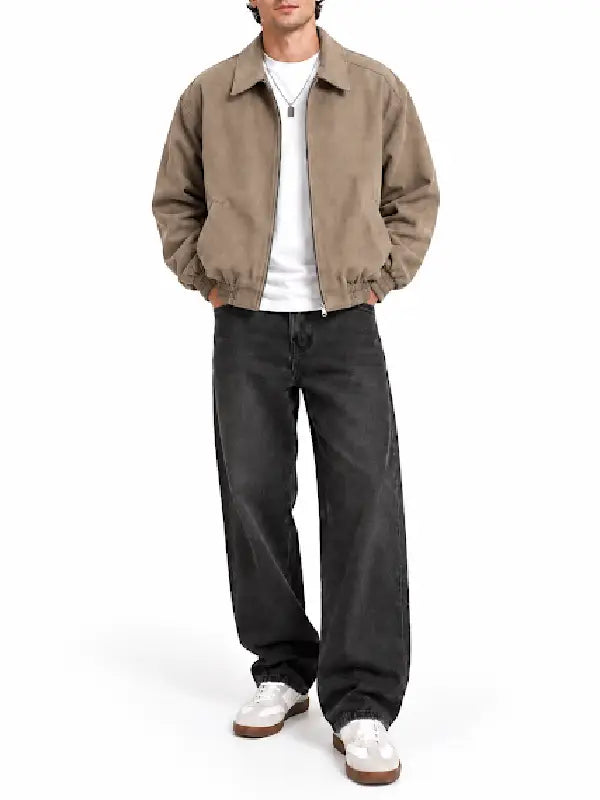 Men’s taupe faux suede bomber jacket front view with zipper closure and shirt collar