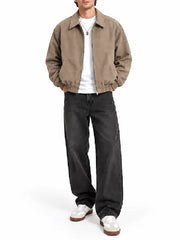 Men’s taupe faux suede bomber jacket front view with zipper closure and shirt collar