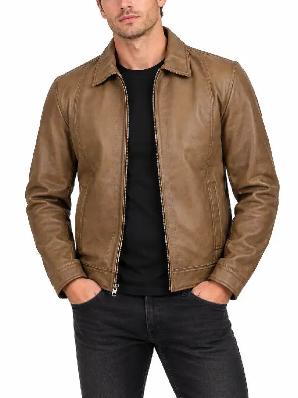 Men's tan distressed leather jacket front view highlighting stitching detail