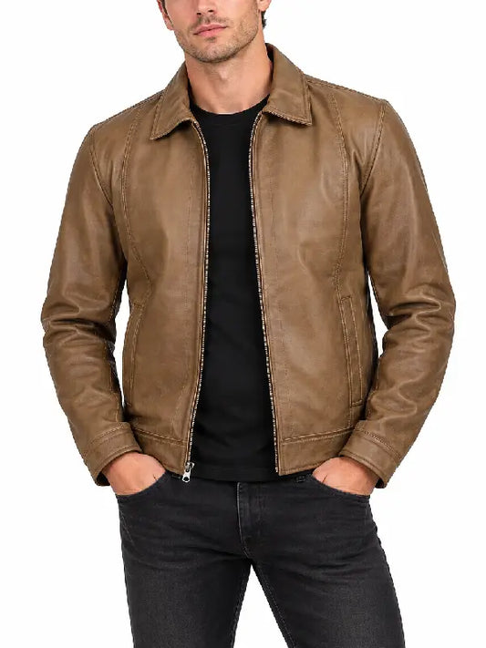 Men's tan distressed leather jacket front view highlighting stitching detail