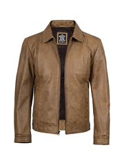 Men's tan distressed leather jacket front view highlighting stitching detail