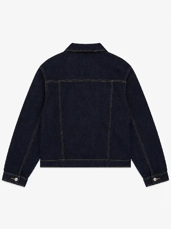 Porter James Sports rinse-wash denim trucker jacket, back view, showing cropped boxy silhouette