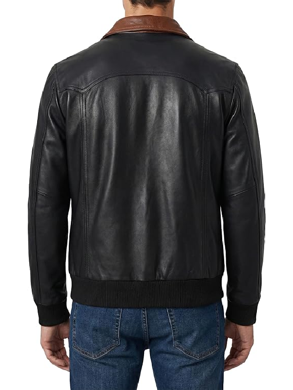 Back view of men's black leather jacket with brown contrast collar and ribbed hem