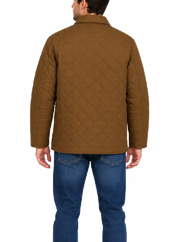 Man wearing olive brown diamond quilted shirt jacket, back view