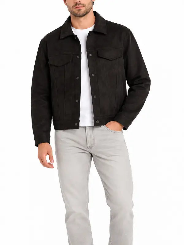 Man wearing black suede trucker jacket with gray jeans, front view