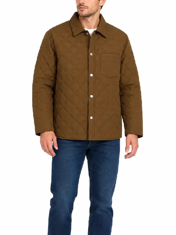 Man wearing olive brown diamond quilted shirt jacket, front view with snap closure