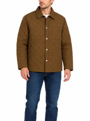 Man wearing olive brown diamond quilted shirt jacket, front view with snap closure