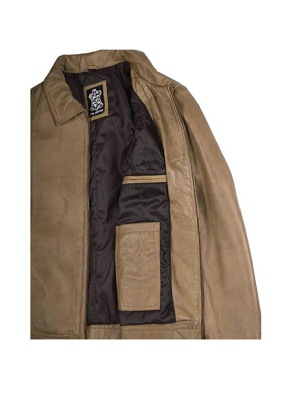 Men's tan distressed leather jacket open front view showing viscose lining and inner pocket