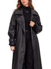 Front close-up of women’s black leather trench coat with notch lapel collar and buckle cuffs