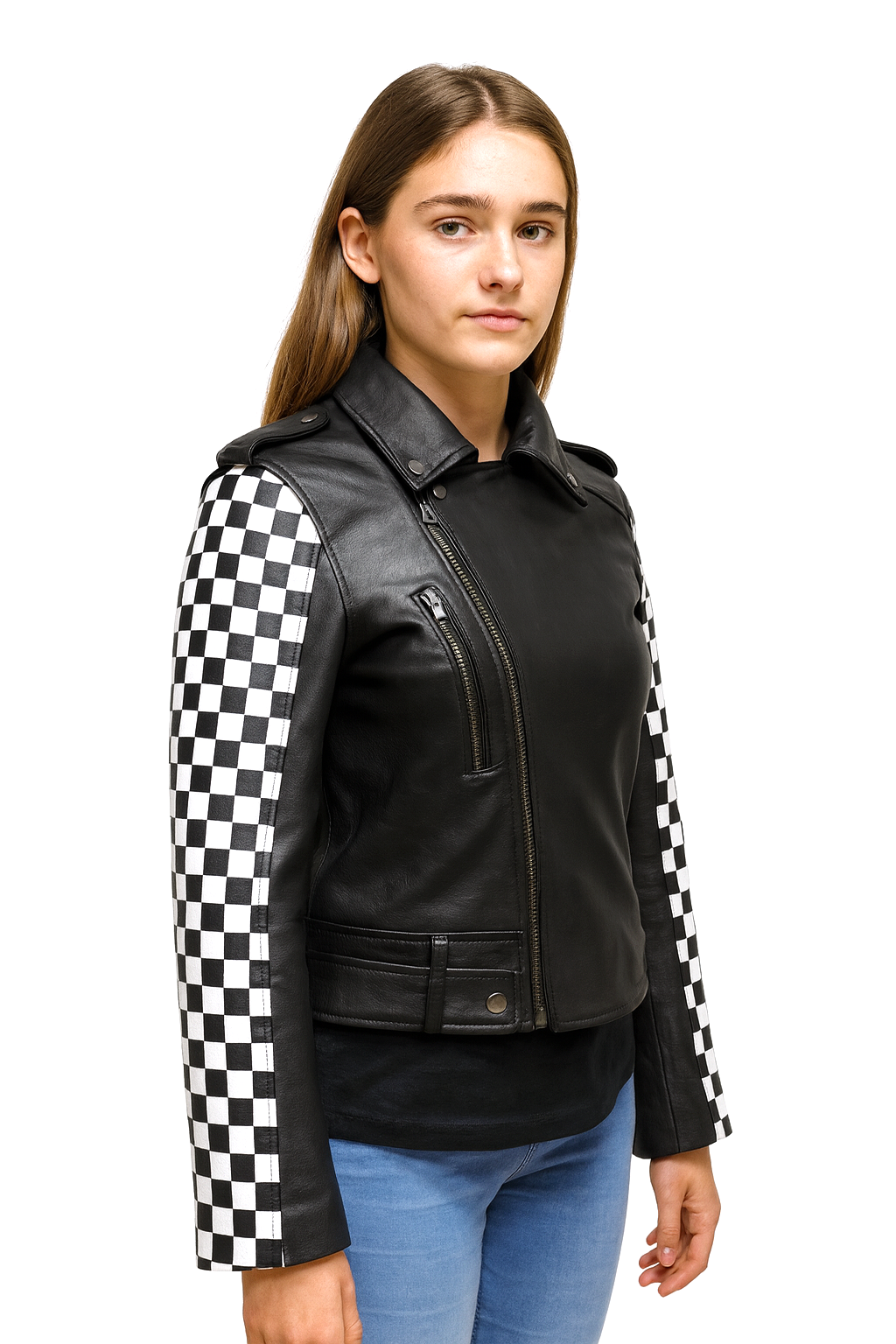 Women's Checkered Studded Leather Biker Jacket