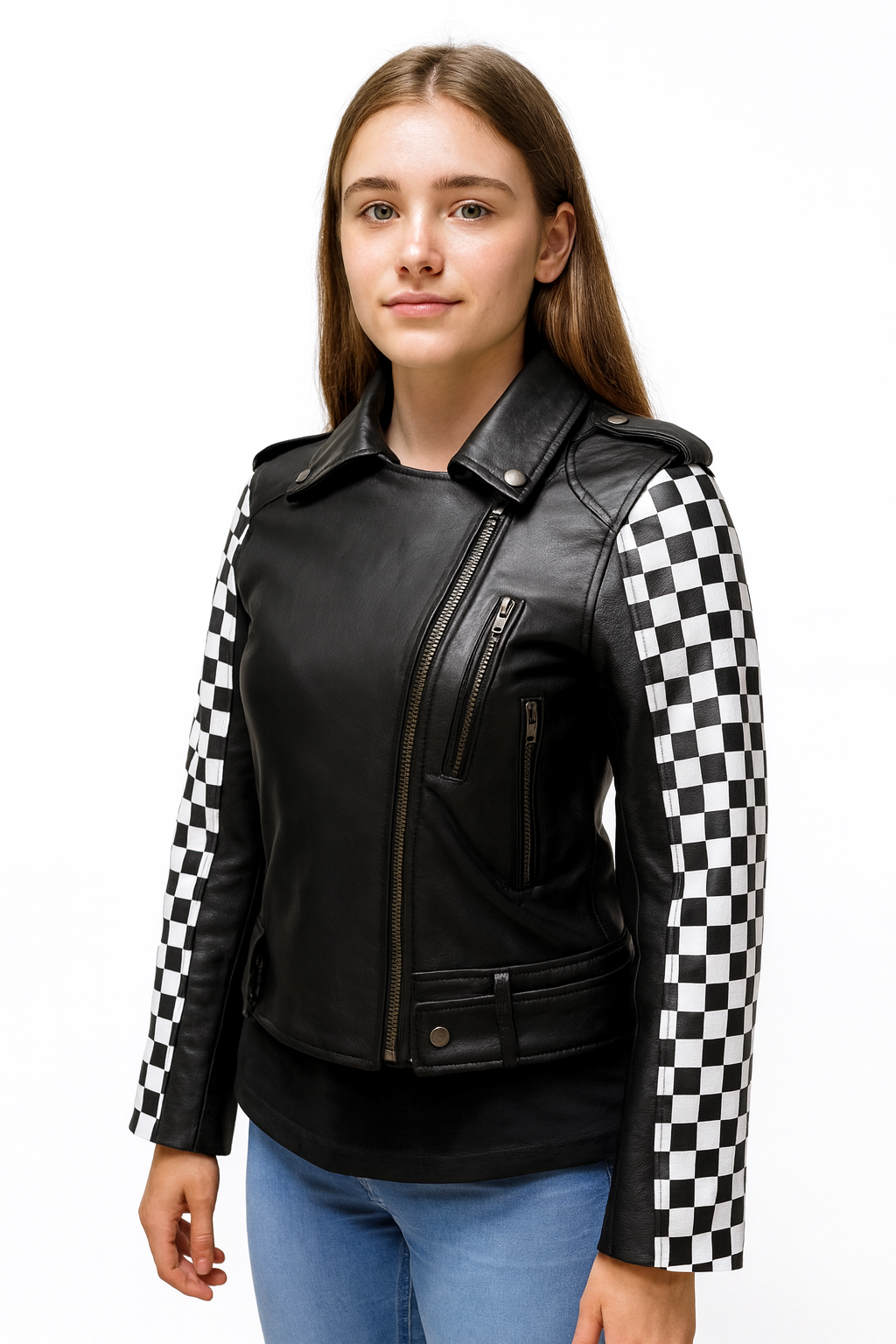 Women's Checkered Studded Leather Biker Jacket