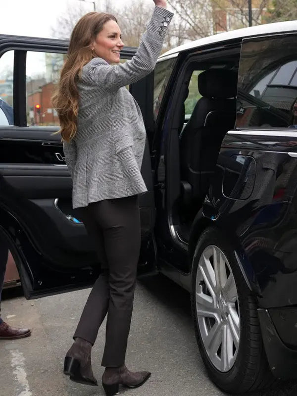 women gray plaid blazer