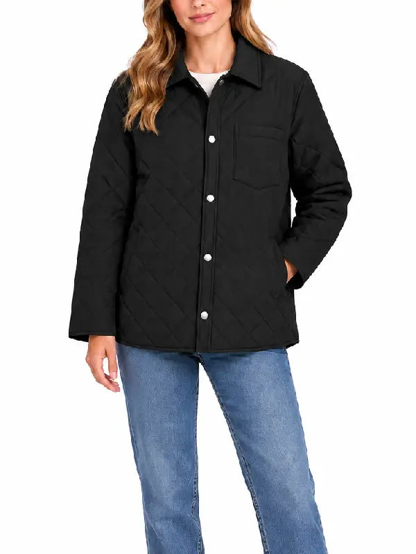 Woman wearing black diamond quilted shirt jacket, front view with snap buttons